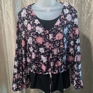 Women's Arizona Jeans Company Crop Top Shirt Blouse Black Pink Flowers Size L